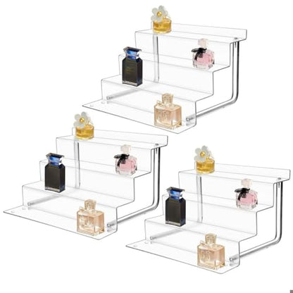 AMT Acrylic Riser Display Stand, 100% Acrylic Clear 4-Tier Organizer for Figures, Cupcake, Perfume, Sunglasses (12 inch x 2.75 inch) 3-pack - color: (12 inch x 2.7 inch) 3 pack