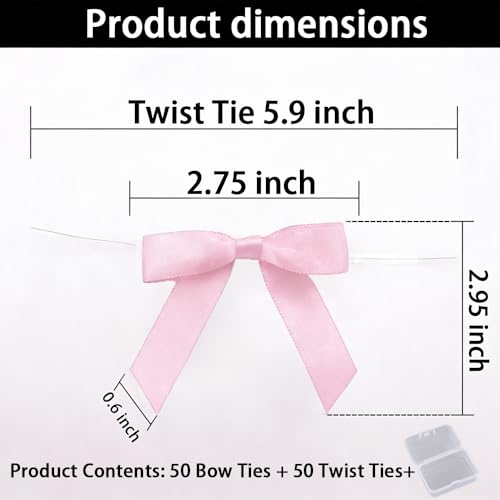 Light Pink Satin Pre-Tied Twist Tie Bows, 50 Pack for Treat Bags - color: Light Pink