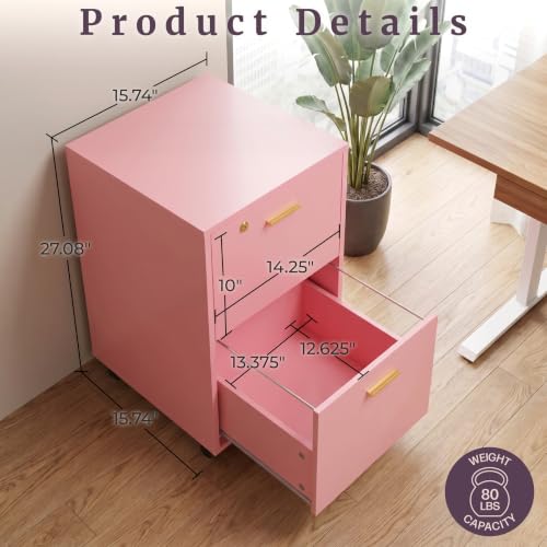 Lavish Home 2-Drawer Wooden File Cabinet with Lock, Pink, 16” x 27” - color: Pink, style: Gold Hardware