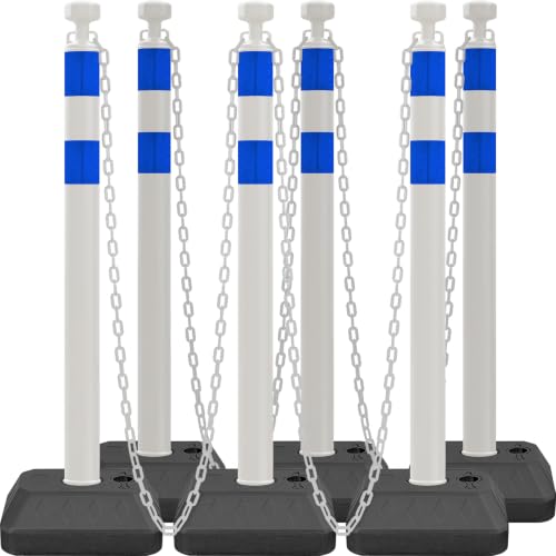 6 Pack Chain Post Barriers, Reflective Delineator Post Cones with Heavy-Duty Bases, Crowd Control Stanchion Set for Traffic Control Parking (Water-Fillable Base Set, White Blue) - color: White Blue