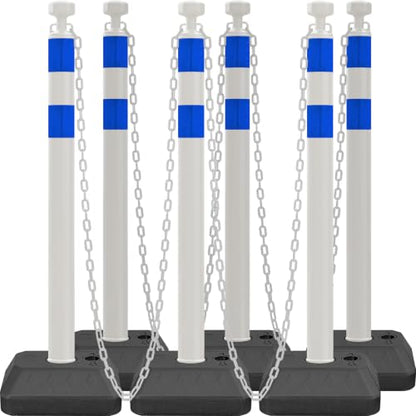 6 Pack Chain Post Barriers, Reflective Delineator Post Cones with Heavy-Duty Bases, Crowd Control Stanchion Set for Traffic Control Parking (Water-Fillable Base Set, White Blue) - color: White Blue