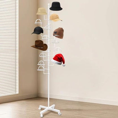 Montex Freestanding Hat Rack Stand, Wig Display Stand, Metal Hat Organizer Rack with 14 Customisable Circular Hooks, Hats Tree Stand Floor Standing Hat Display, White - color: White