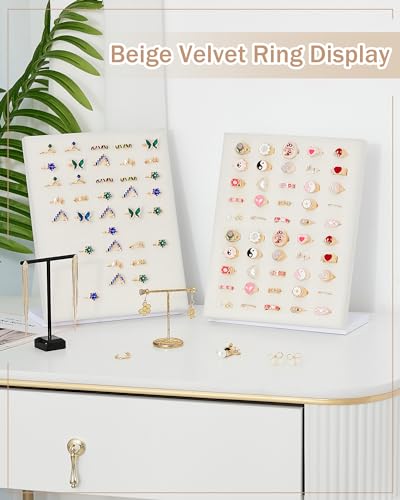 Henoyso 4 Pcs Velvet Ring Display 50 Slots Stand Tray Holder - color: Beige