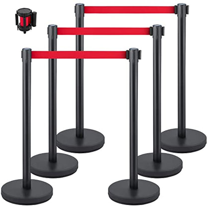 VEVOR Crowd Control Stanchion, Set of 6 Pieces Stanchion Set, Stanchion Set w/ 6.6 ft/2 m Red Retractable Belt, Crowd Control Barrier w/Rubber Base – Easy Connect Assembly for Crowd Control (Black) - color: Black & Red