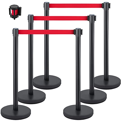 VEVOR Crowd Control Stanchion, Set of 6 Pieces Stanchion Set, Stanchion Set w/ 6.6 ft/2 m Red Retractable Belt, Crowd Control Barrier w/Rubber Base – Easy Connect Assembly for Crowd Control (Black) - color: Black & Red