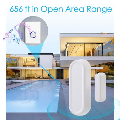 Wireless Door Chime, Wireless Doorbell Chime for Home with LED Indicators Waterproof, Door Alarms When Opened with 656 Ft Range, 48 Chimes 5 Adjustable Volume 2 Sensors + 1 Receiver
