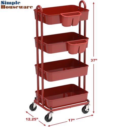 Simple Houseware 4-Tier Rolling Utility Cart with Hanging Bucket, Red - color: Red, size: 4-Tier