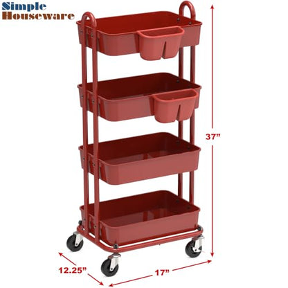 Simple Houseware 4-Tier Rolling Utility Cart with Hanging Bucket, Red - color: Red, size: 4-Tier