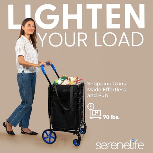 SereneLife Small Compact Folding Shopping Cart with Removable Waterproof Liner – 360° Swivel Wheels, Rust‑Proof Steel Frame, 70 lb Capacity – Portable Grocery, Laundry & Travel Cart (Blue) - color: Blue