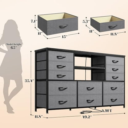 EnHomee Dresser for Bedroom with LED Lights & Charging Station - color: Grey