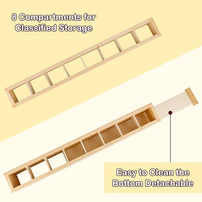 1+2PCS Wooden Straw Holder for Cabinet with Double Sided Adhesive Tape and Label Stickers, 8 Compartments Straw Storage Organizer Rack for Inside Cabinet Door