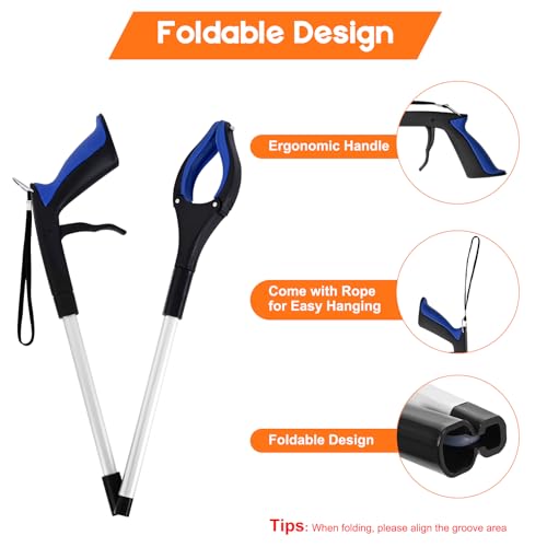 2-Pack Grabber Reacher Tool, 34" Foldable Reacher Grabber Pickup Tool with 90° Anti-Slip Rotating Jaw & Magnets, 4" Wide Claw Opening Reachers for Seniors, Trash Picker Tool - size: 34"