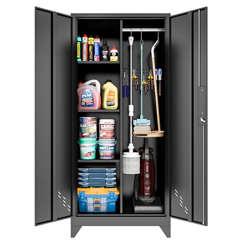 Metal Garage Storage Cabinets with Lock, Cabinet with Pegboard & Hanging Rod, Broom Closet Storage Cabinets, Black Lockable Steel Tool Cabinet for Home,Garage,Utility Room - color: 61" Black