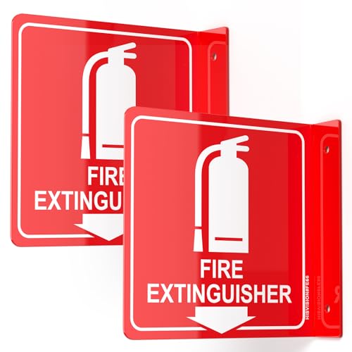 Fire Extinguisher Sign with Down Arrow, 2 Pack - 6"x6 " Acrylic, Includes Matching Screws, Use for Home Office/Business, UV Protected, Fade/Weather Resistant, Indoor/Outdoor Use, Easy to Install