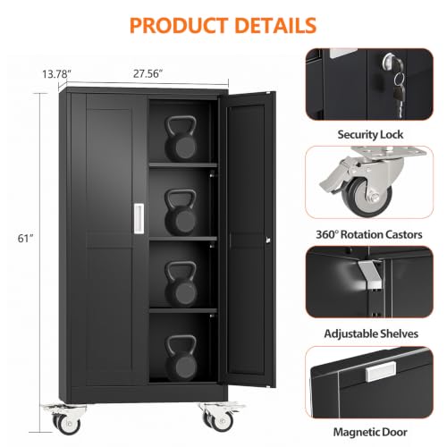 pozdeg 61" Black Lockable Rolling Metal Garage Storage Cabinet - color: Black, size: 13.78"D x 27.56"W x 61"H