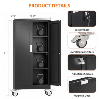 pozdeg 61" Black Lockable Rolling Metal Garage Storage Cabinet - color: Black, size: 13.78"D x 27.56"W x 61"H