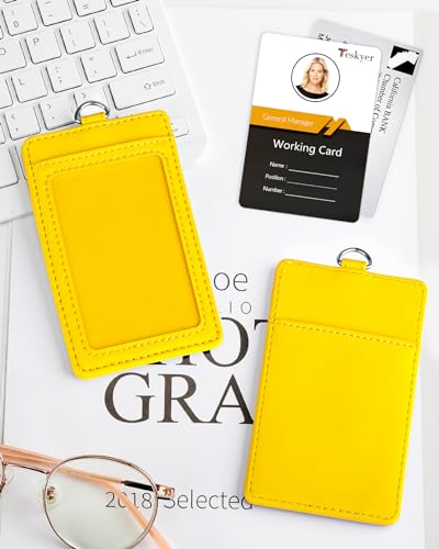 Teskyer Leather ID Badge Holder with Lanyard, Vertical Bright Yellow - color: Bright Yellow, size: Vertical