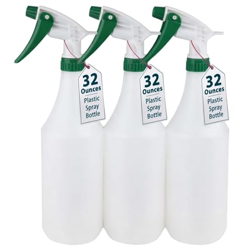 (3 Pack) Plastic Spray Bottle 32 Oz | All-Purpose HDPE Spraying Bottles Leak Proof Mist Empty Water Sprayer for Cleaning Solution, Oils, Hair, Planting, Pet with Adjustable Nozzle - White/Green