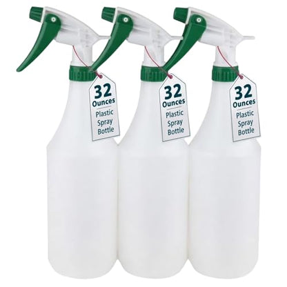 (3 Pack) Plastic Spray Bottle 32 Oz | All-Purpose HDPE Spraying Bottles Leak Proof Mist Empty Water Sprayer for Cleaning Solution, Oils, Hair, Planting, Pet with Adjustable Nozzle - White/Green