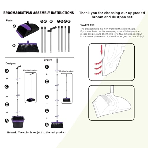 Broom and Dustpan Set, 51" Long Handle Broom with Built-in Comb - Purple - color: Purple, size: Standard