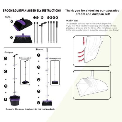 Broom and Dustpan Set, 51" Long Handle Broom with Built-in Comb - Purple - color: Purple, size: Standard