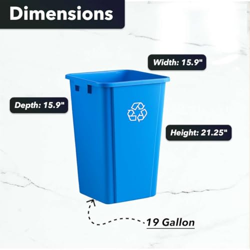 19 Gallon Blue Square Recycling Bin with Handles - Commercial Plastic Recycle Trash Can for Office, School, Kitchen & Indoor Waste Sorting - size: 19 Gallon