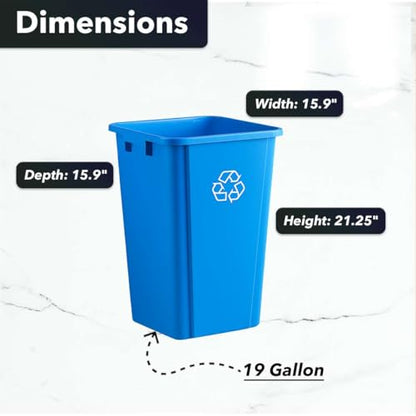 19 Gallon Blue Square Recycling Bin with Handles - Commercial Plastic Recycle Trash Can for Office, School, Kitchen & Indoor Waste Sorting - size: 19 Gallon