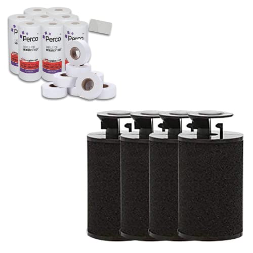 Perco Monarch Ink Roll for Monarch 1131 & 1136 Price Labelers (Pack of 4) Bundle with Perco White Pricing Labels 1136 Price - 8 Sleeve, 160,000 Gun Labels