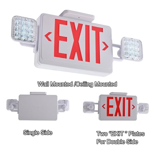 Red Exit Sign with Emergency Lights, 200lm 3Hours Plug in Exit Sign Battery Backup Lights for Business,Commerical Emergency Lighting Combo UL 924 AC85-277V Double Face - color: White Housing +Red EXIT, size: Square Heads