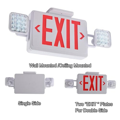 Red Exit Sign with Emergency Lights, 200lm 3Hours Plug in Exit Sign Battery Backup Lights for Business,Commerical Emergency Lighting Combo UL 924 AC85-277V Double Face - color: White Housing +Red EXIT, size: Square Heads
