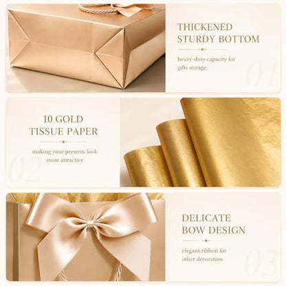 Offizon 12 PCS Champagne Gift Bags, Wedding Bag with Gold Tissue 7.5/11/12.6" - color: 3 Sizes-Champagne-12PCS