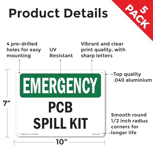 PCB Spill Kit OSHA Emergency Aluminum Sign 10 Inch x 7 Inch - 5 Pack - color: Aluminum, size: 5 Pack of 10" x 7"