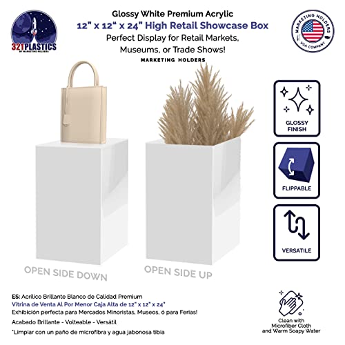 Marketing Holders White Acrylic Pedestal Art Sculpture Lucite Stand Figurine Art Display 12" x 12" x 24" No Lid Open Bottom 5 Sided