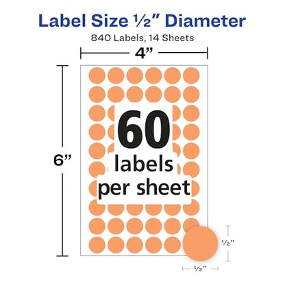 Avery Color-Coding Removable Labels, 1/2 Inch Round Stickers, Neon Orange, Non-Printable, 840 Dot Stickers Total (5062)