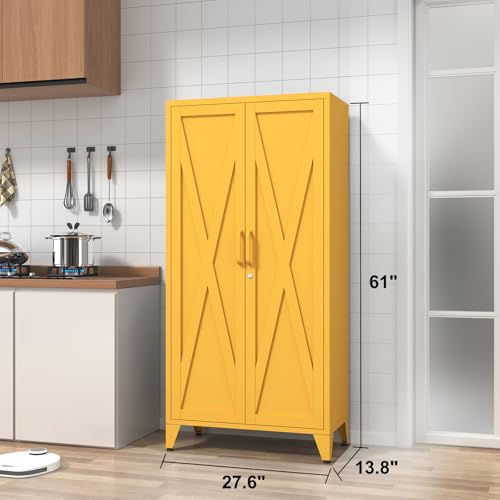 61" Tall Yellow Farmhouse Metal Kitchen Pantry Cabinet, Lockable Freestanding Storage Cabinet with 2 X-Shape Metal Doors & 3 Adjustable Shelves, Cupboard with Legs for Home, Bedroom, Garage, Office - color: Mustard, style: Pantry-61"H-DH