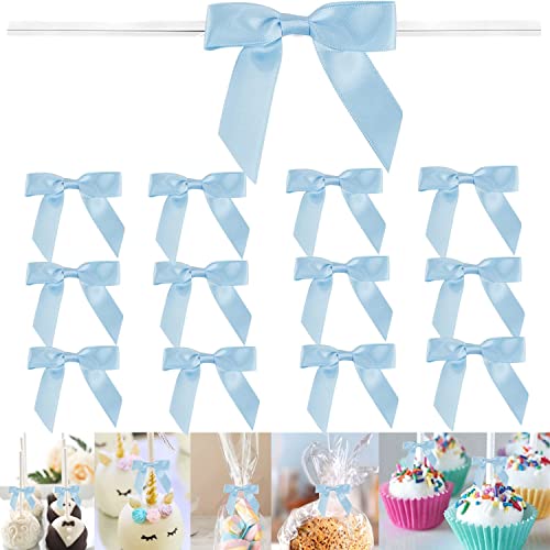 100 Pieces 3 inch Satin Blue Pretied Bows with Twist Ties, Treats Bags, Cake Pops & Cookies - color: Baby Blue, size: 100 Pack