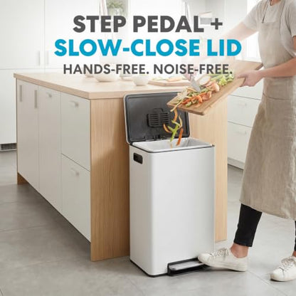 SIMPLI-MAGIC Infinity Edge 13 Gallon (50L) Kitchen Trash Can - Hands-Free Step Pedal, Soft-Close Lid, Stainless Steel Garbage Can with Inner Bucket, Fingerprint-Resistant Finish, White Cloud - color: White, size: 13 Gallon