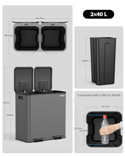 Lovewind Trash Can, 2 x 10.5 Gallon (2 x 40 L) Garbage Can for Kitchen Dual Compartment Recycling Kitchen Step Trash Bin, Stainless Steel Trash and Recycle Bin Combo with Soft-Close Lid, Grey - color: Grey