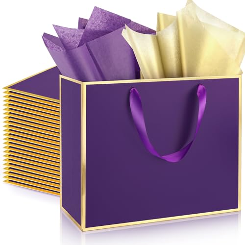 ReliThick 12 Pack Paper Gift Bag with Handles & Tissue, Dark Purple, Gold - color: Dark Purple, Gold
