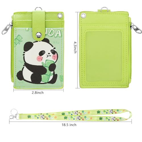 Cute ID Badge Holder with Lanyard, PU Leather Wallet & Key Ring (Green) - color: Panda-green