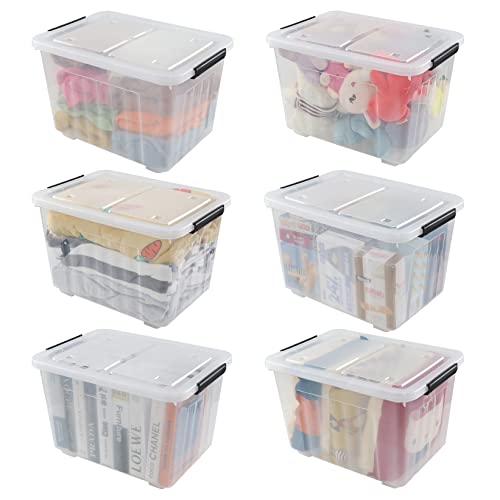 Jekiyo 50 L Clear Storage Bin on Wheels, Large Plastic Latching Box, 6 Pack - size: 50 L