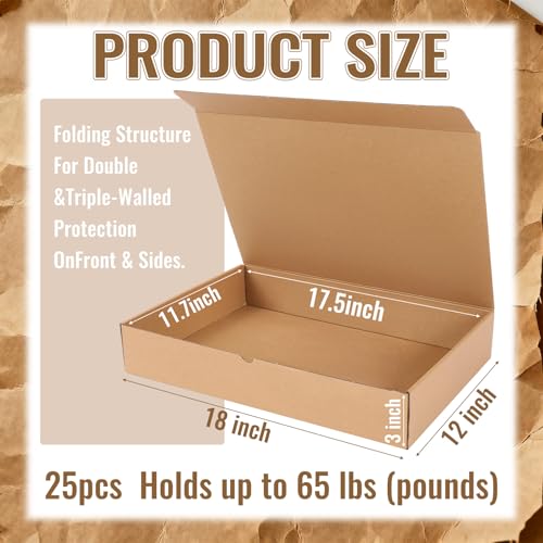 25-pack Shipping Boxes 18"L x 12"W x 3"H Small Heavy Duty Corrugated Cardboard Boxes for Packing Moving Storage Mailer Small Business 50 Lbs Weight Capacity Reusable Shipping Carton