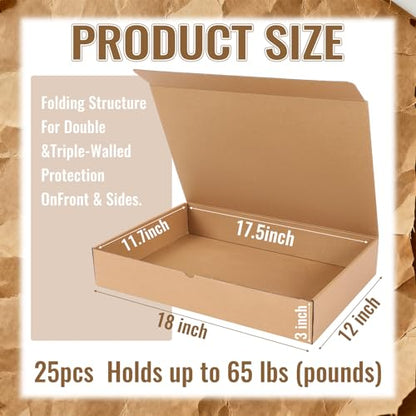 25-pack Shipping Boxes 18"L x 12"W x 3"H Small Heavy Duty Corrugated Cardboard Boxes for Packing Moving Storage Mailer Small Business 50 Lbs Weight Capacity Reusable Shipping Carton