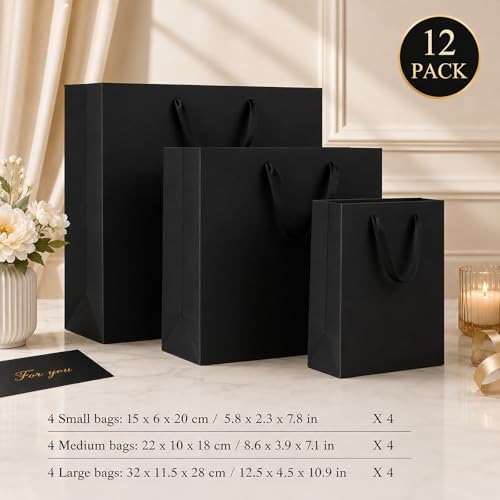 Offizon 12 PCS Black Gift Bags in 3 Sizes with Stripe Tissue - color: 3 Sizes-Black-12PCS