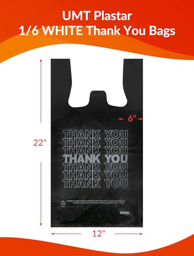 UMT Plastar 500 Count Thank You Bags, 12 x 6 x 22 in, Black Grocery Bags