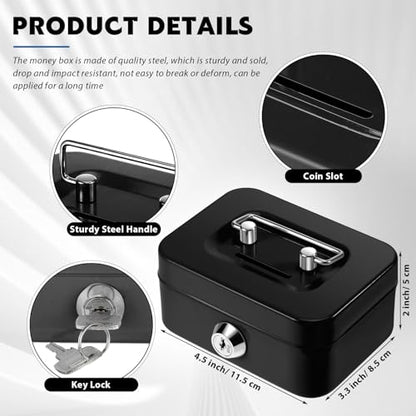 Tandefio 12 Pcs Small Money Cash Box with Lock and Slot Metal Box for Cash Steel Organizer Piggy Bank Metal Coin Bank for Adults, 4.5 x 3.3 x 2 Inch, Without Money Tray (Black) - color: Black