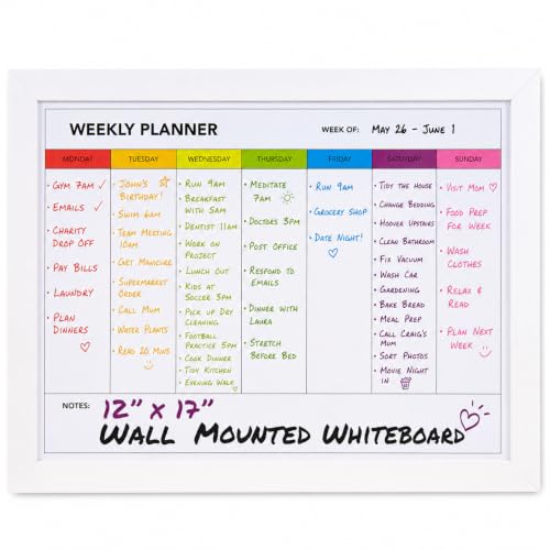 Weekly Dry Erase Board for Wall [17in x 12in] Weekly Whiteboard Planner and Magnetic Calendar - Days of The Week White Board for Schedule, Daily Meal Planner - Includes Full Mounting Kit
