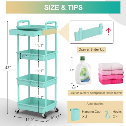 Goovilla 4 Tier Rolling Utility Cart Organizer with Removable Drawer, Blue - size: 4 Tier, style: Blue
