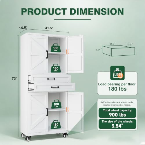 Letaya Metal Garage Storage Cabinets with Wheels,White Rolling Tool Cabinet - color: White, size: 16” D x 31.5” W x 73” H