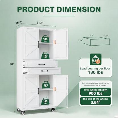 Letaya Metal Garage Storage Cabinets with Wheels,White Rolling Tool Cabinet - color: White, size: 16” D x 31.5” W x 73” H